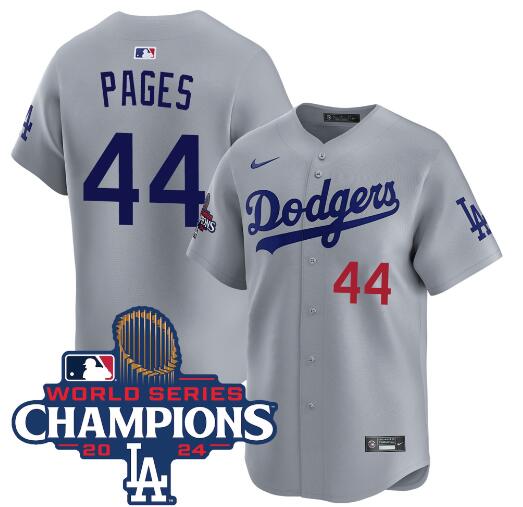 Men's Grey Los Angeles Dodgers #44 Andy Pages 2024 World Series Champions Limited Stitched Baseball Jersey